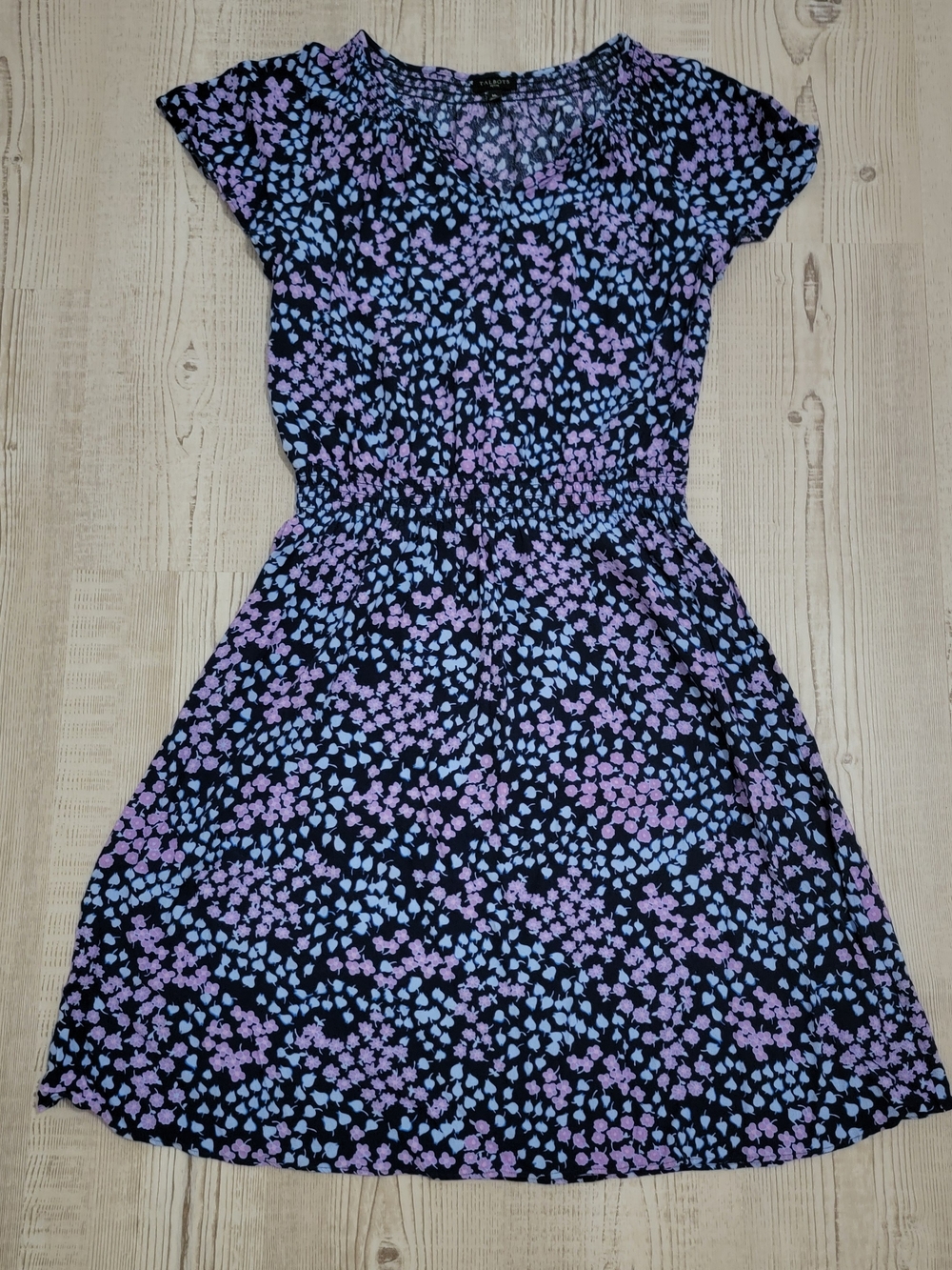 Talbots Black Dress with Purple and Light Blue Floral Pattern Size Medium Petite